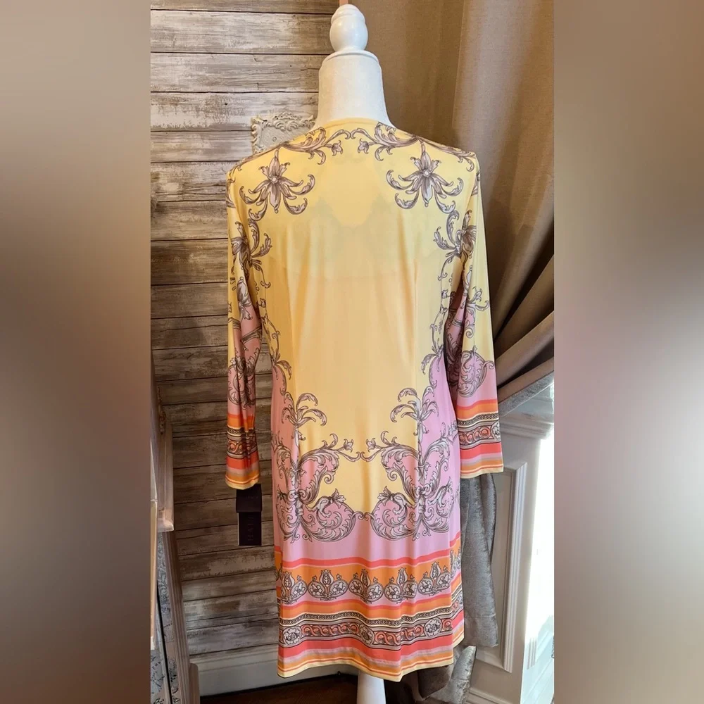 Hale Bob Beaded Long Sleeve Dress in Yellow and Pink, NWT, L - Picture 2 of 12